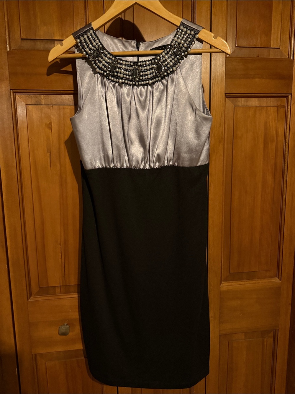 Silver Bodice Black Cocktail Dress with Beaded Collar